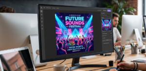 pc que muestra en su pantalla un cartel generado con IA